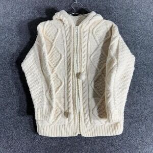 Hand-knit cream Aran sweater hoodie with chunky cable knit + tassel zip pulls